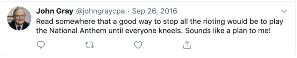 John Gray tweet re: NFL, kneeling, rioting